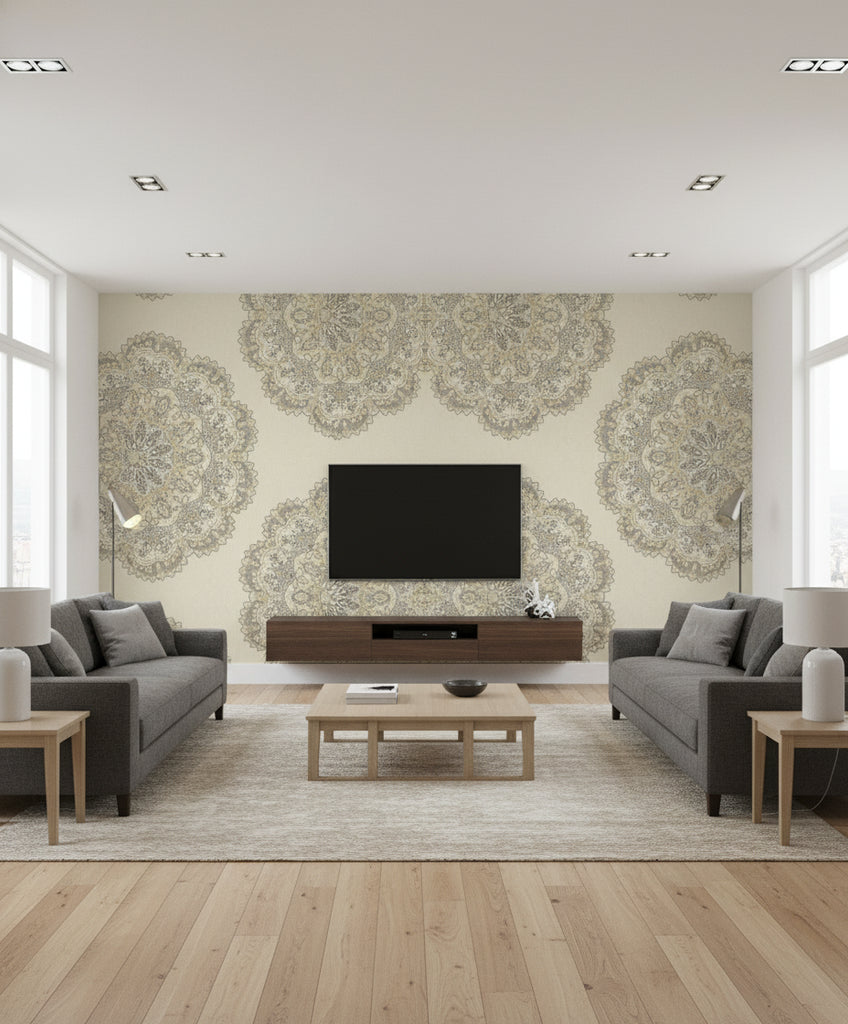 Lace Medallion Transitional Geometric - Gold and Charcoal | Architectural Wallcoverings - Living Room Visualization (AI-generated, may not be to scale. Verify pattern scale with product specifications.)