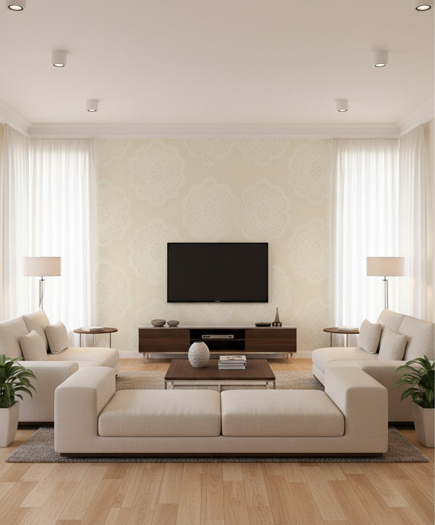 Lace Medallion Transitional Geometric - Pearl and Off-White | Architectural Wallcoverings - Living Room Visualization (AI-generated, may not be to scale. Verify pattern scale with product specifications.)