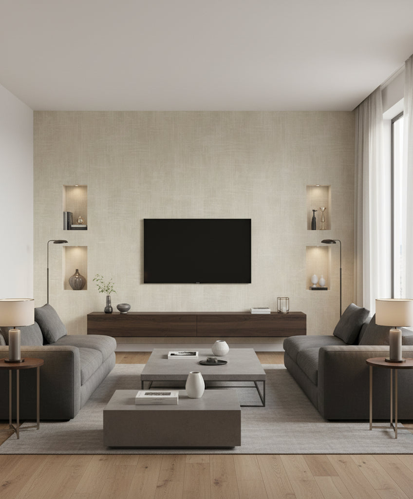 ZigZag Wash Transitional Abstract - Taupe and Cream | Architectural Wallcoverings - Living Room Visualization (AI-generated, may not be to scale. Verify pattern scale with product specifications.)