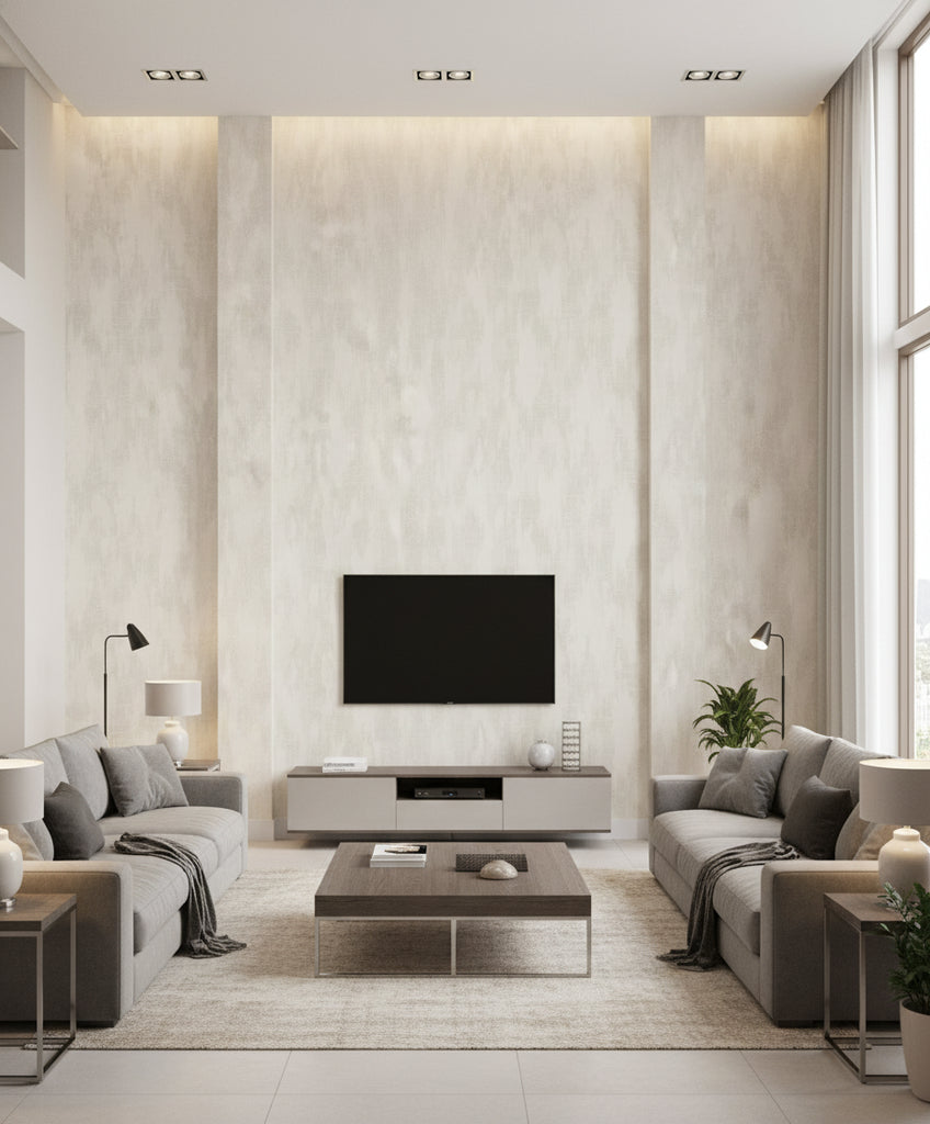 ZigZag Wash Transitional Abstract - Pearl and Alabaster | Architectural Wallcoverings - Living Room Visualization (AI-generated, may not be to scale. Verify pattern scale with product specifications.)
