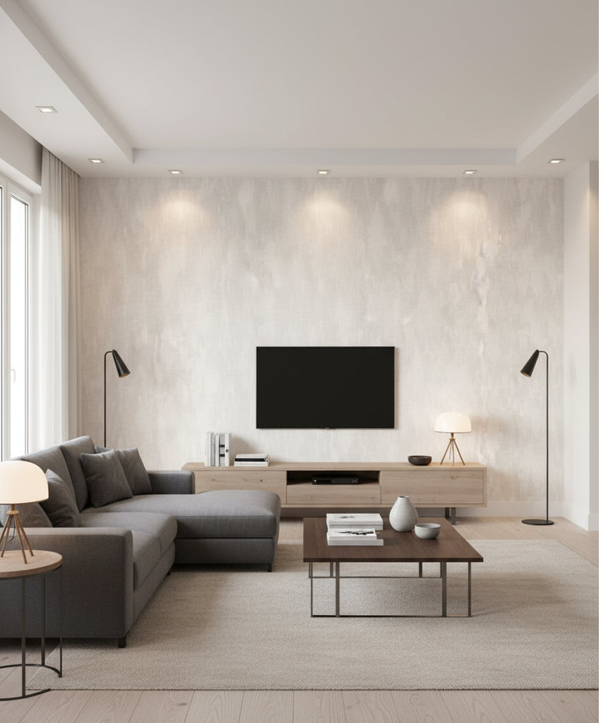 ZigZag Wash Transitional Abstract - Pearl and Ivory | Architectural Wallcoverings - Living Room Visualization (AI-generated, may not be to scale. Verify pattern scale with product specifications.)