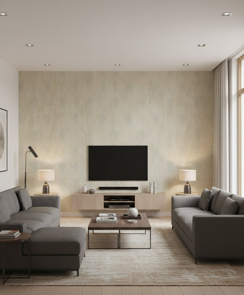 Fleur de Lis Transitional Fleur De Lis - Silver and Beige | Architectural Wallcoverings - Living Room Visualization (AI-generated, may not be to scale. Verify pattern scale with product specifications.)