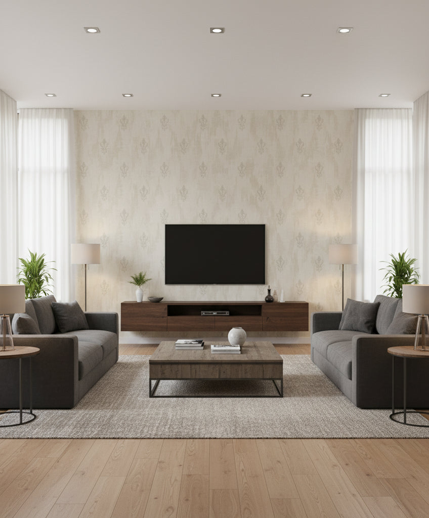 Fleur de Lis Transitional Fleur De Lis - Silver and Pearl | Architectural Wallcoverings - Living Room Visualization (AI-generated, may not be to scale. Verify pattern scale with product specifications.)