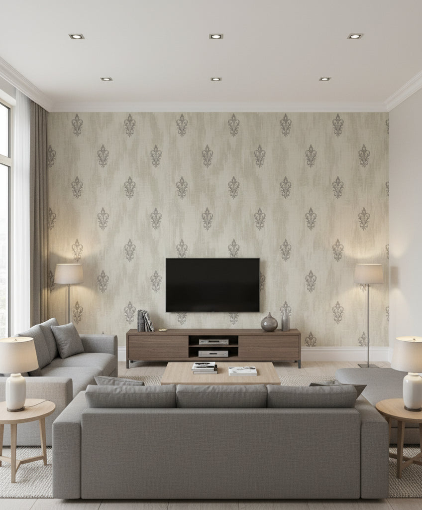 Fleur de Lis Transitional Fleur De Lis - Beige and Cream | Architectural Wallcoverings - Living Room Visualization (AI-generated, may not be to scale. Verify pattern scale with product specifications.)