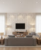 Fleur de Lis Transitional Fleur De Lis - Silver and Alabaster | Architectural Wallcoverings - Living Room Visualization (AI-generated, may not be to scale. Verify pattern scale with product specifications.)