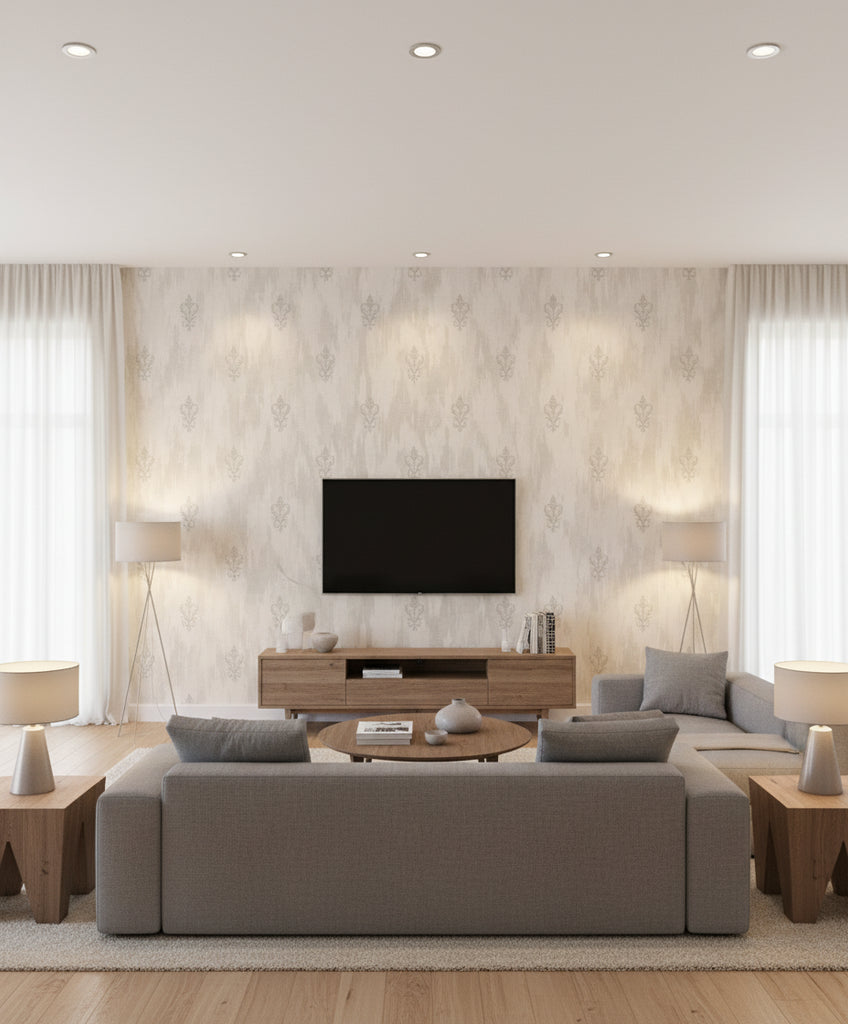 Fleur de Lis Transitional Fleur De Lis - Silver and Alabaster | Architectural Wallcoverings - Living Room Visualization (AI-generated, may not be to scale. Verify pattern scale with product specifications.)