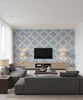 Trellis Transitional Geometric - Silver, Blue, and Glitter | Architectural Wallcoverings - Living Room Visualization (AI-generated, may not be to scale. Verify pattern scale with product specifications.)