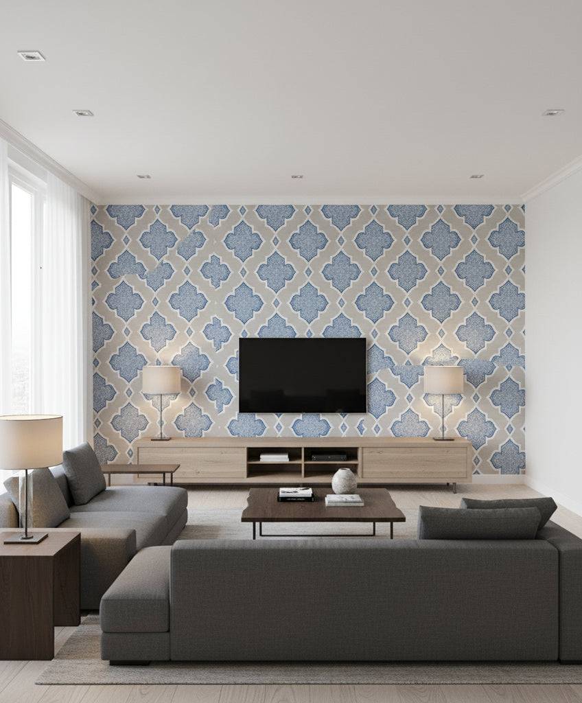 Trellis Transitional Geometric - Silver, Blue, and Glitter | Architectural Wallcoverings - Living Room Visualization (AI-generated, may not be to scale. Verify pattern scale with product specifications.)