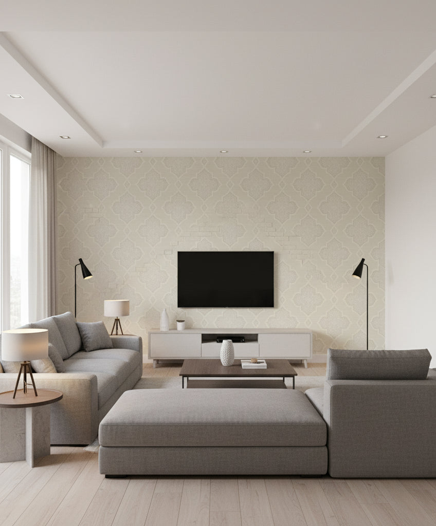 Trellis Transitional Geometric - Pearl, Ivory, and Glitter | Architectural Wallcoverings - Living Room Visualization (AI-generated, may not be to scale. Verify pattern scale with product specifications.)