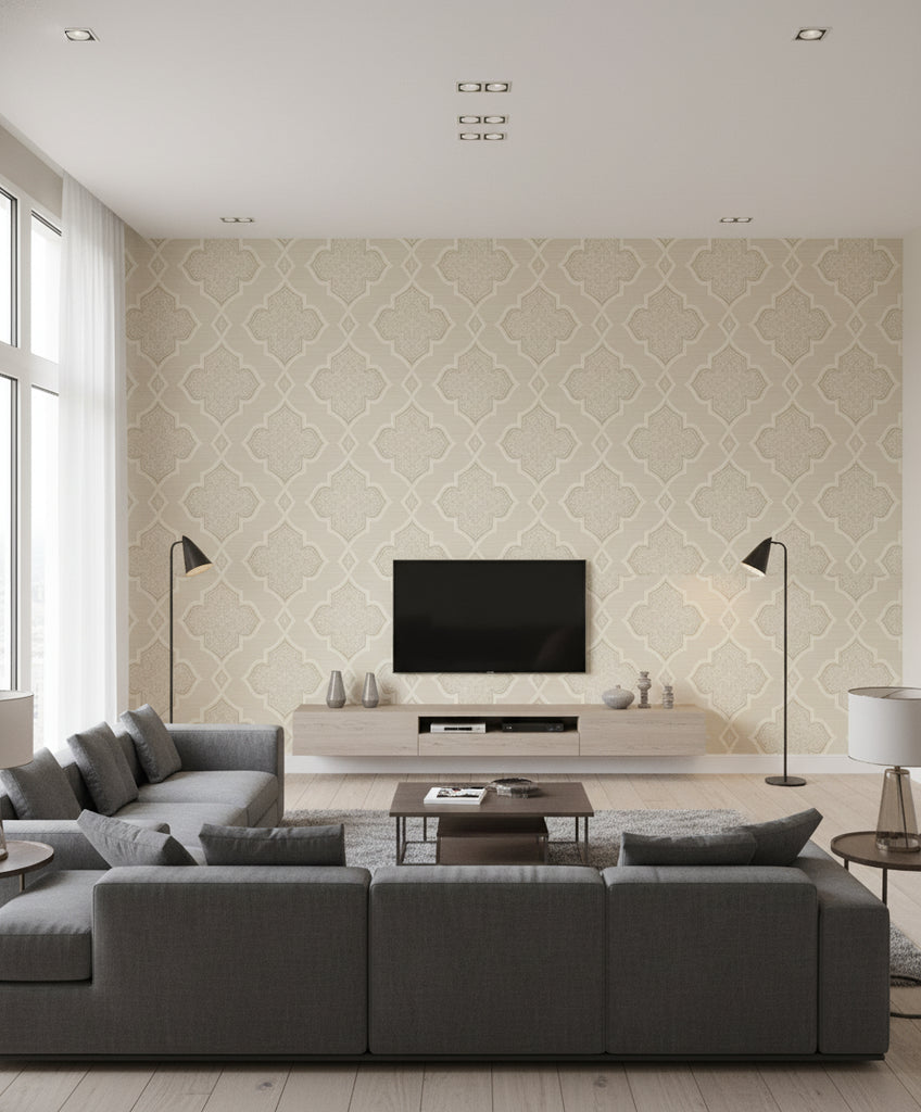 Trellis Transitional Geometric - Beige, Ivory, and Glitter | Architectural Wallcoverings - Living Room Visualization (AI-generated, may not be to scale. Verify pattern scale with product specifications.)