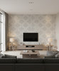 Trellis Transitional Geometric - Silver, Gray, and Glitter | Architectural Wallcoverings - Living Room Visualization (AI-generated, may not be to scale. Verify pattern scale with product specifications.)