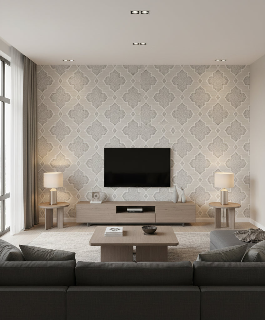 Trellis Transitional Geometric - Silver, Gray, and Glitter | Architectural Wallcoverings - Living Room Visualization (AI-generated, may not be to scale. Verify pattern scale with product specifications.)