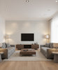 Elegant Burlap Transitional Linen - Powder Blue and Ivory | Architectural Wallcoverings - Living Room Visualization (AI-generated, may not be to scale. Verify pattern scale with product specifications.)