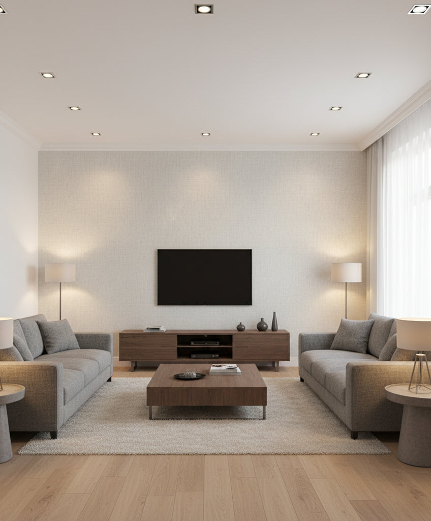 Elegant Burlap Transitional Linen - Powder Blue and Ivory | Architectural Wallcoverings - Living Room Visualization (AI-generated, may not be to scale. Verify pattern scale with product specifications.)
