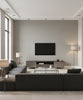 Elegant Burlap Transitional Linen - Silver and Greige | Architectural Wallcoverings - Living Room Visualization (AI-generated, may not be to scale. Verify pattern scale with product specifications.)