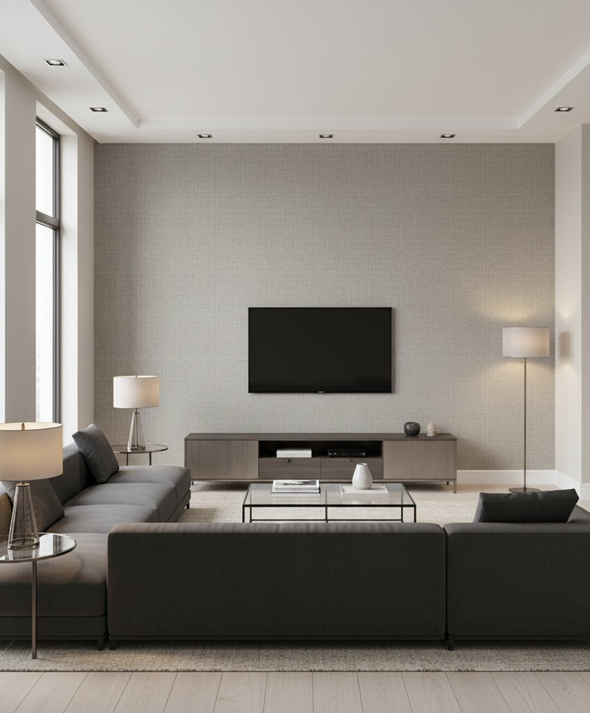 Elegant Burlap Transitional Linen - Silver and Greige | Architectural Wallcoverings - Living Room Visualization (AI-generated, may not be to scale. Verify pattern scale with product specifications.)