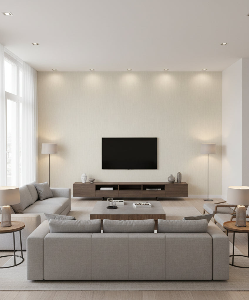 Elegant Burlap Transitional Linen - Pearl and Ivory | Architectural Wallcoverings - Living Room Visualization (AI-generated, may not be to scale. Verify pattern scale with product specifications.)