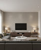 Elegant Burlap Transitional Linen - Taupe and Silver | Architectural Wallcoverings - Living Room Visualization (AI-generated, may not be to scale. Verify pattern scale with product specifications.)