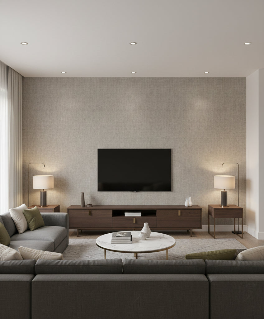 Elegant Burlap Transitional Linen - Taupe and Silver | Architectural Wallcoverings - Living Room Visualization (AI-generated, may not be to scale. Verify pattern scale with product specifications.)