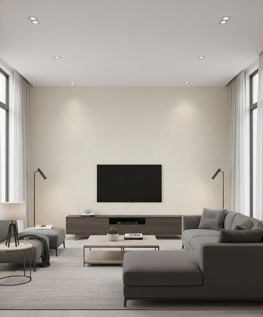 Elegant Burlap Transitional Linen - Beige and Ivory | Architectural Wallcoverings - Living Room Visualization (AI-generated, may not be to scale. Verify pattern scale with product specifications.)