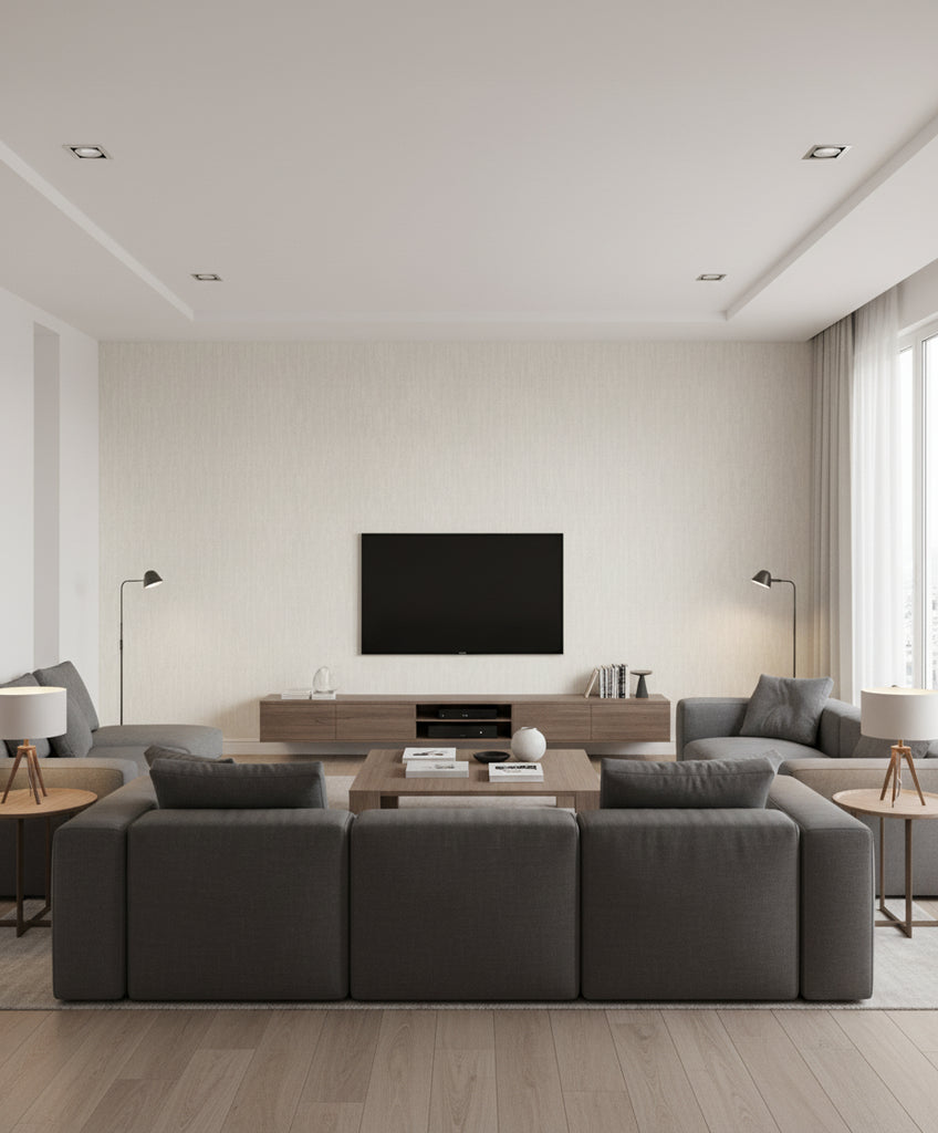 Elegant Burlap Transitional Linen - Silver and Ivory | Architectural Wallcoverings - Living Room Visualization (AI-generated, may not be to scale. Verify pattern scale with product specifications.)
