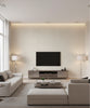 Elegant Burlap Transitional Linen - Tan and Silver | Architectural Wallcoverings - Living Room Visualization (AI-generated, may not be to scale. Verify pattern scale with product specifications.)