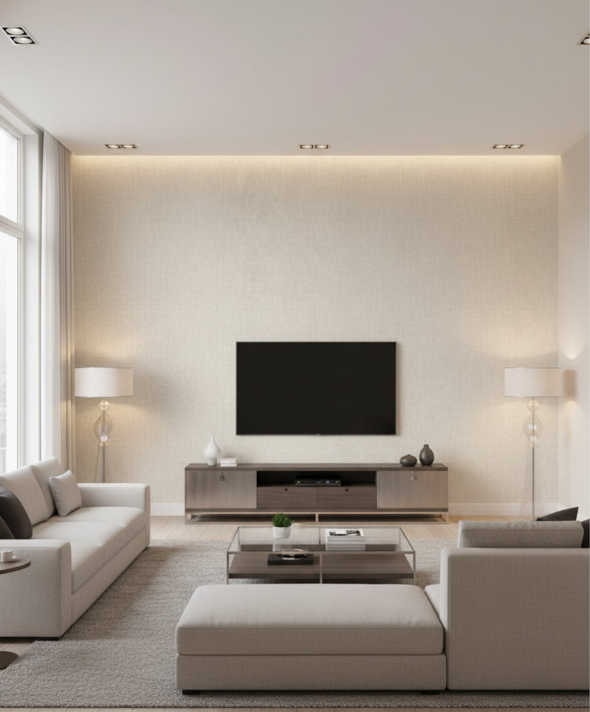 Elegant Burlap Transitional Linen - Tan and Silver | Architectural Wallcoverings - Living Room Visualization (AI-generated, may not be to scale. Verify pattern scale with product specifications.)