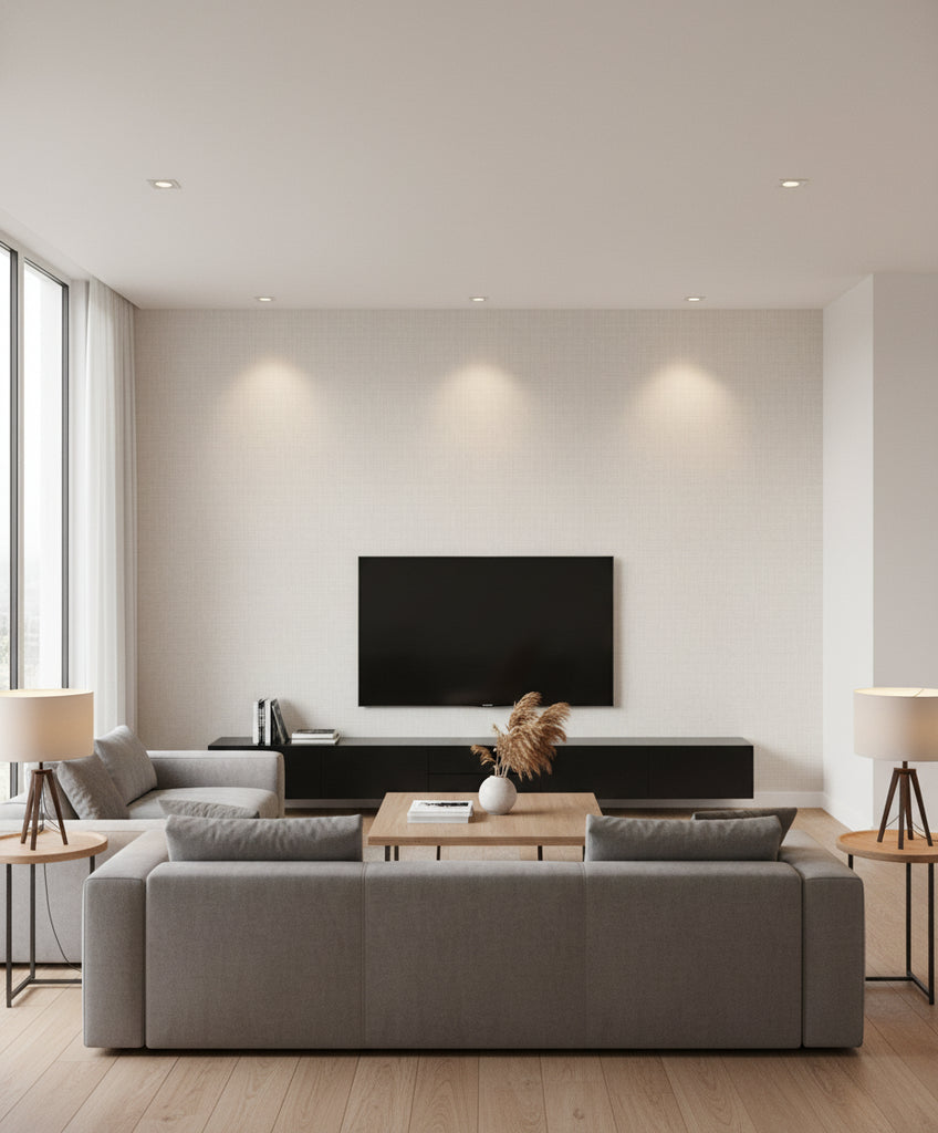 Elegant Burlap Transitional Linen - Silver and Beige | Architectural Wallcoverings - Living Room Visualization (AI-generated, may not be to scale. Verify pattern scale with product specifications.)