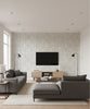 Geo Lattice Transitional Geometric - Ocean Blue and Tan | Architectural Wallcoverings - Living Room Visualization (AI-generated, may not be to scale. Verify pattern scale with product specifications.)