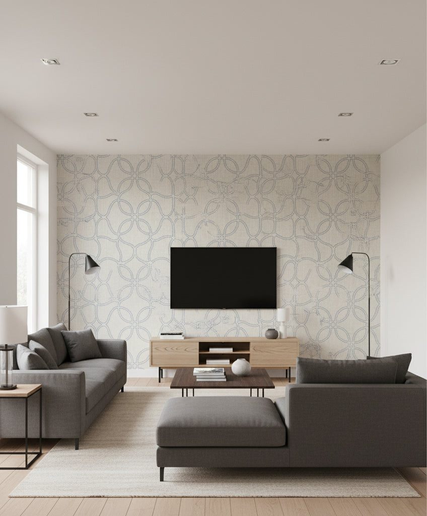 Geo Lattice Transitional Geometric - Ocean Blue and Tan | Architectural Wallcoverings - Living Room Visualization (AI-generated, may not be to scale. Verify pattern scale with product specifications.)
