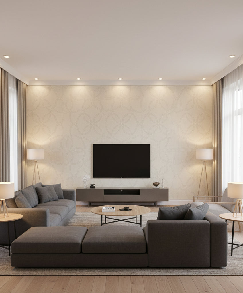 Geo Lattice Transitional Geometric - Alabaster and Tan | Architectural Wallcoverings - Living Room Visualization (AI-generated, may not be to scale. Verify pattern scale with product specifications.)