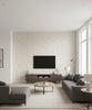 Geo Lattice Transitional Geometric - Taupe and Cream | Architectural Wallcoverings - Living Room Visualization (AI-generated, may not be to scale. Verify pattern scale with product specifications.)