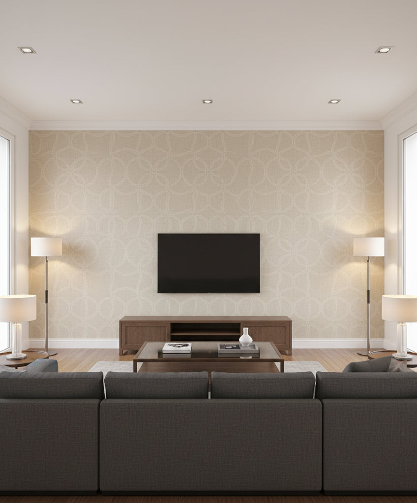 Geo Lattice Transitional Geometric - Beige and Ivory | Architectural Wallcoverings - Living Room Visualization (AI-generated, may not be to scale. Verify pattern scale with product specifications.)