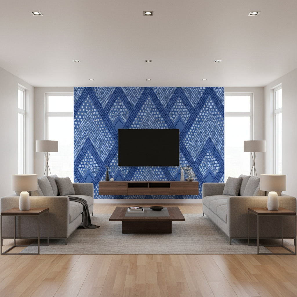 Panama Boho Diamonds Bohemian Geometric - Coastal Blue | Architectural Wallcoverings - Living Room Visualization (AI-generated, may not be to scale. Verify pattern scale with product specifications.)