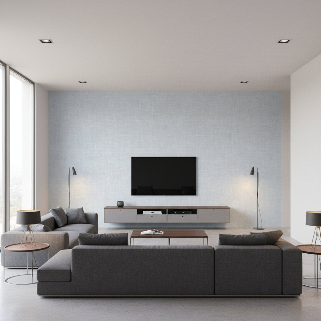 Indie Linen Embossed Vinyl Bohemian Embossed Vinyl - Bluestone | Architectural Wallcoverings - Living Room Visualization (AI-generated, may not be to scale. Verify pattern scale with product specifications.)
