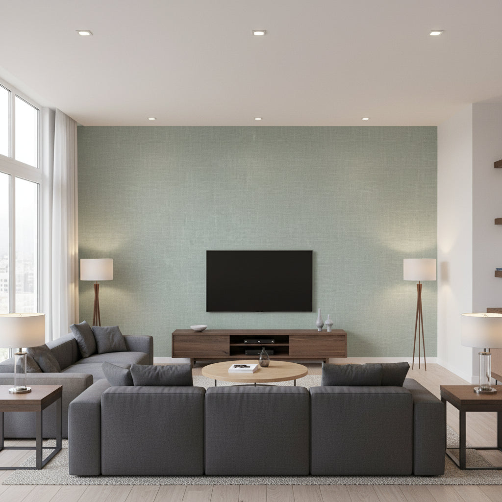 Indie Linen Embossed Vinyl Bohemian Embossed Vinyl - Foliage | Architectural Wallcoverings - Living Room Visualization (AI-generated, may not be to scale. Verify pattern scale with product specifications.)