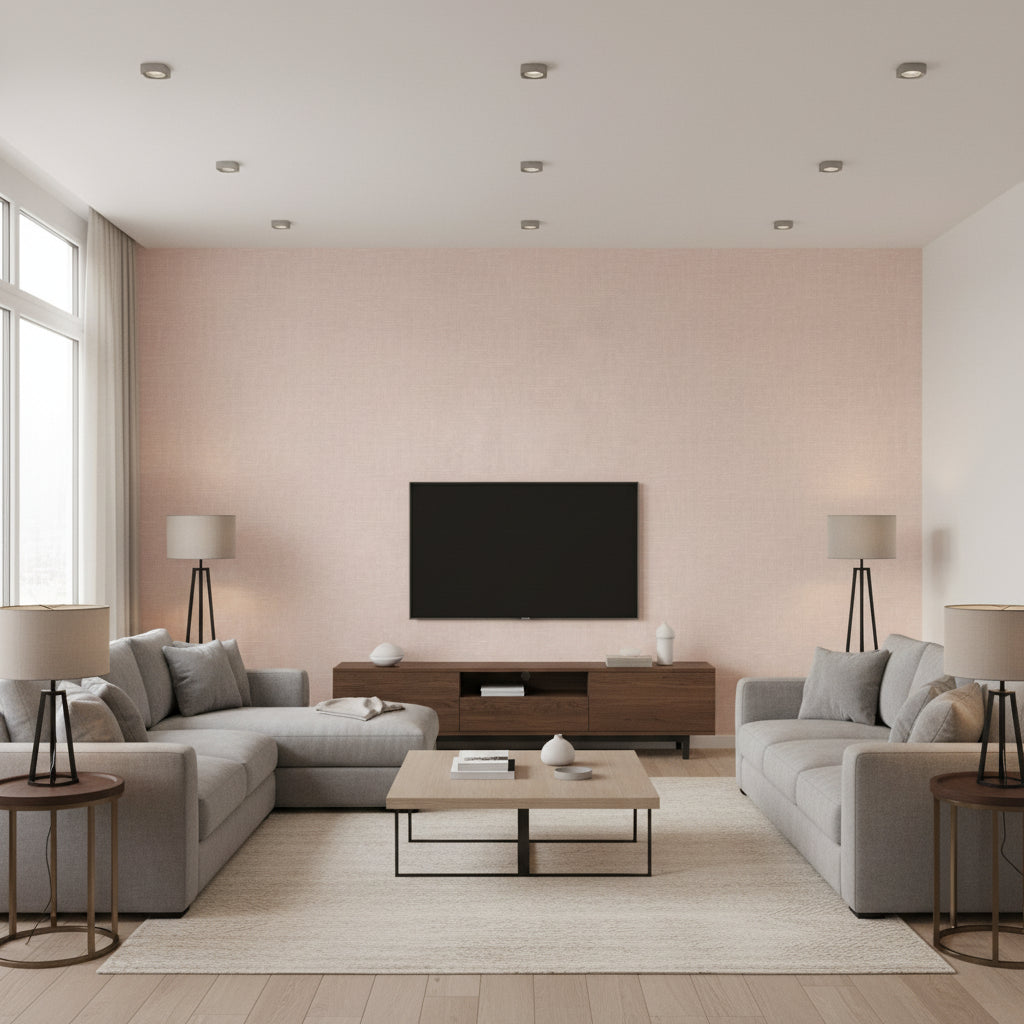 Indie Linen Embossed Vinyl Bohemian Embossed Vinyl - Rosa | Architectural Wallcoverings - Living Room Visualization (AI-generated, may not be to scale. Verify pattern scale with product specifications.)