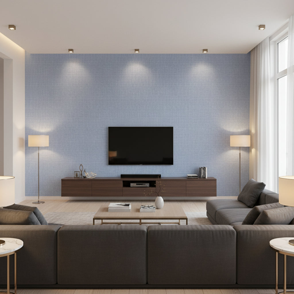 Indie Linen Embossed Vinyl Bohemian Embossed Vinyl - Nautica | Architectural Wallcoverings - Living Room Visualization (AI-generated, may not be to scale. Verify pattern scale with product specifications.)