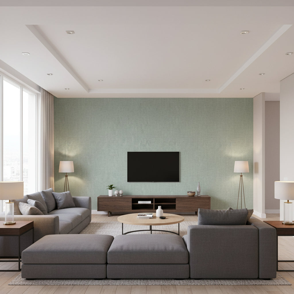 Indie Linen Embossed Vinyl Bohemian Embossed Vinyl - Jade | Architectural Wallcoverings - Living Room Visualization (AI-generated, may not be to scale. Verify pattern scale with product specifications.)