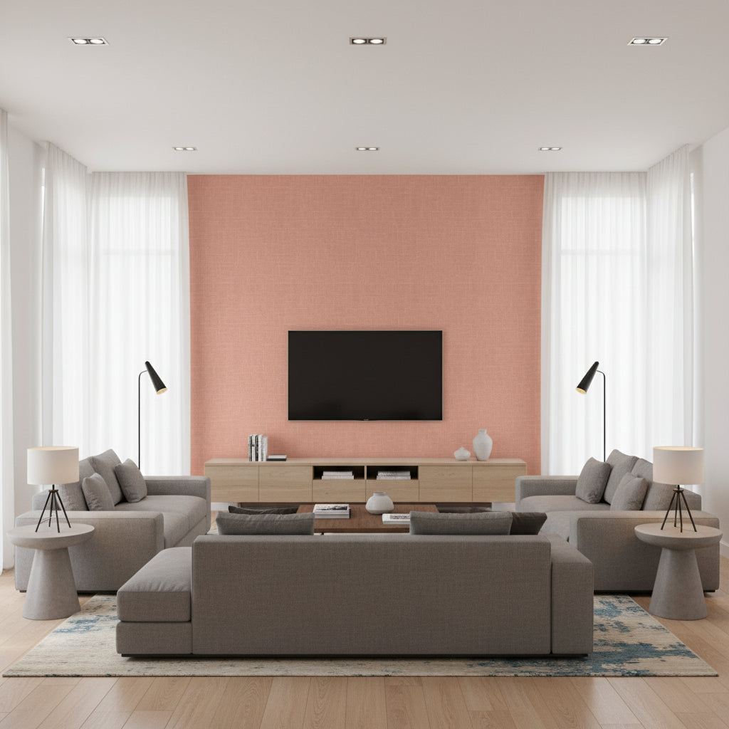Indie Linen Embossed Vinyl Bohemian Embossed Vinyl - Apricot | Architectural Wallcoverings - Living Room Visualization (AI-generated, may not be to scale. Verify pattern scale with product specifications.)