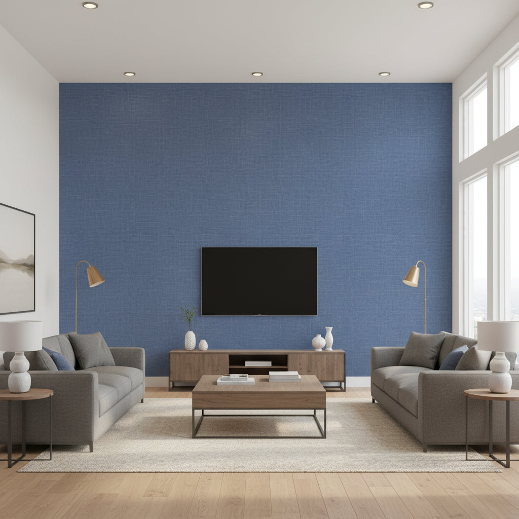 Indie Linen Embossed Vinyl Bohemian Embossed Vinyl - Topaz | Architectural Wallcoverings - Living Room Visualization (AI-generated, may not be to scale. Verify pattern scale with product specifications.)