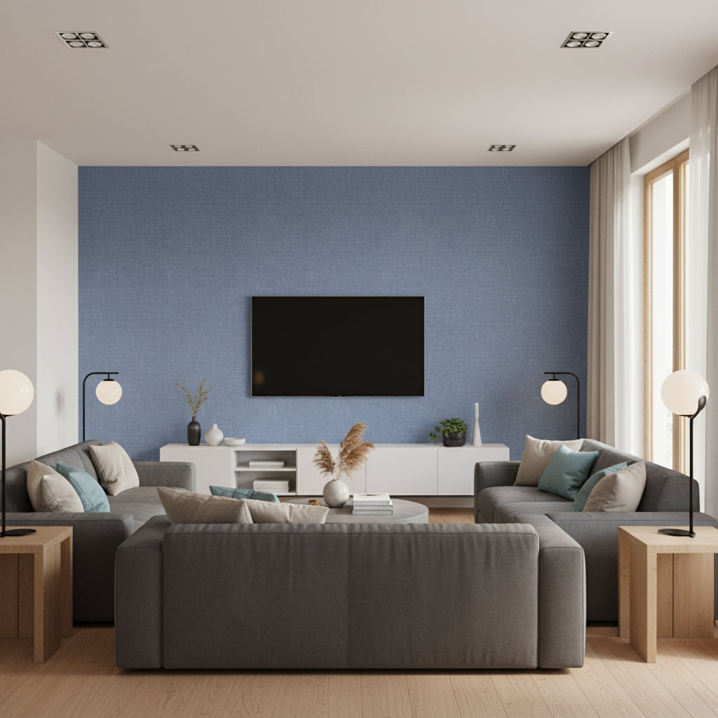Indie Linen Embossed Vinyl Bohemian Embossed Vinyl - Hale Blue | Architectural Wallcoverings - Living Room Visualization (AI-generated, may not be to scale. Verify pattern scale with product specifications.)