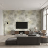 Pastel Wash Contemporary Abstract - Metallic Gold, Taupe, & Greige | Architectural Wallcoverings - Living Room Visualization (AI-generated, may not be to scale. Verify pattern scale with product specifications.)
