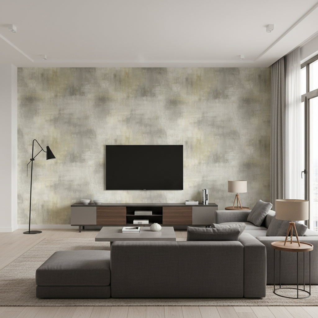 Pastel Wash Contemporary Abstract - Metallic Gold, Taupe, & Greige | Architectural Wallcoverings - Living Room Visualization (AI-generated, may not be to scale. Verify pattern scale with product specifications.)