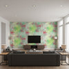 Pastel Wash Contemporary Abstract - Green Apple, Lavender, & Blush | Architectural Wallcoverings - Living Room Visualization (AI-generated, may not be to scale. Verify pattern scale with product specifications.)