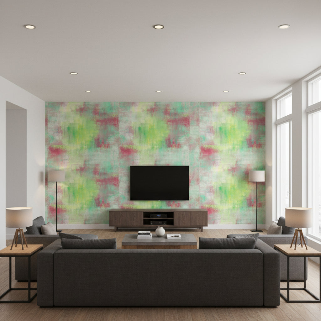 Pastel Wash Contemporary Abstract - Green Apple, Lavender, & Blush | Architectural Wallcoverings - Living Room Visualization (AI-generated, may not be to scale. Verify pattern scale with product specifications.)