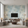 Pastel Wash Contemporary Abstract - Metallic Ice Blue & Gray | Architectural Wallcoverings - Living Room Visualization (AI-generated, may not be to scale. Verify pattern scale with product specifications.)
