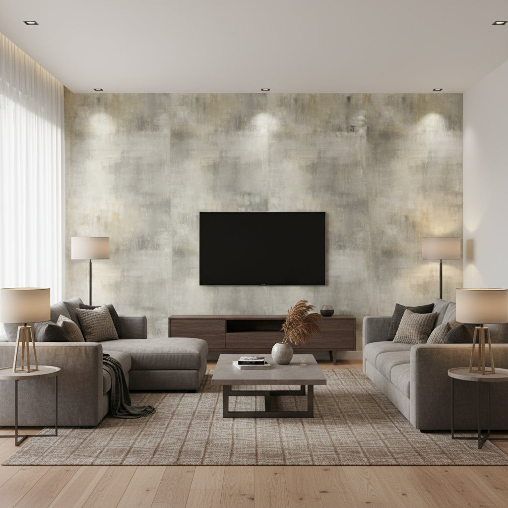 Pastel Wash Contemporary Abstract - Greige & Gold | Architectural Wallcoverings - Living Room Visualization (AI-generated, may not be to scale. Verify pattern scale with product specifications.)