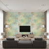 Pastel Wash Contemporary Abstract - Rust, Metallic Gold, & Ocean Blue | Architectural Wallcoverings - Living Room Visualization (AI-generated, may not be to scale. Verify pattern scale with product specifications.)