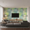 Pastel Wash Contemporary Abstract - Lime Green, Teal, & Purple Haze | Architectural Wallcoverings - Living Room Visualization (AI-generated, may not be to scale. Verify pattern scale with product specifications.)